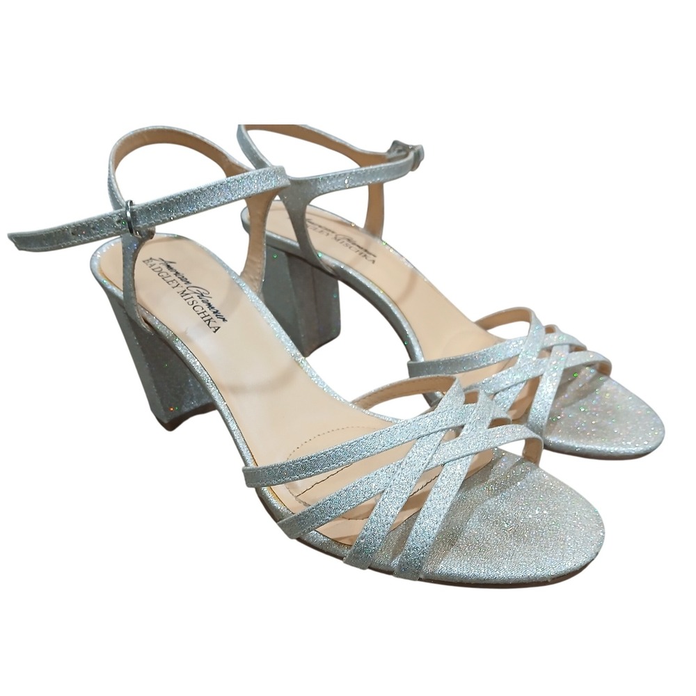 American Glamour Badgley Mischka Silver Glitter Strappy Heels Sandals Womens 8.5